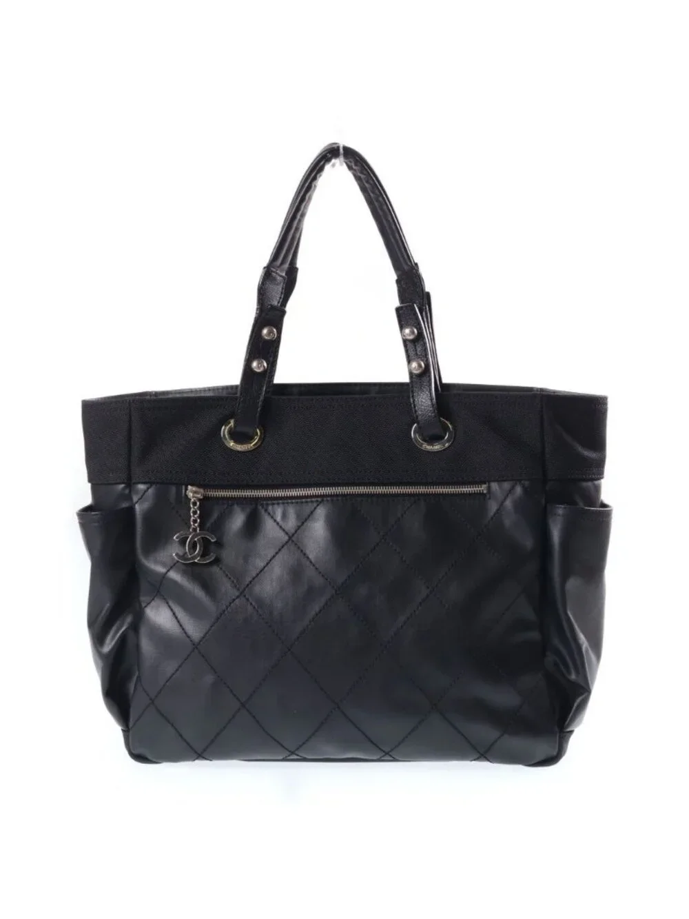 Chanel Paris Biarritz Tote GM Handbag CC Logo Black Silver Canvas Leather